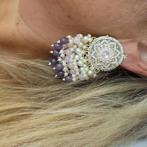 🔥LAST PAIR🔥 Bead Embellished Medallion Drop Statement  Earrings - Picture 1 of 11